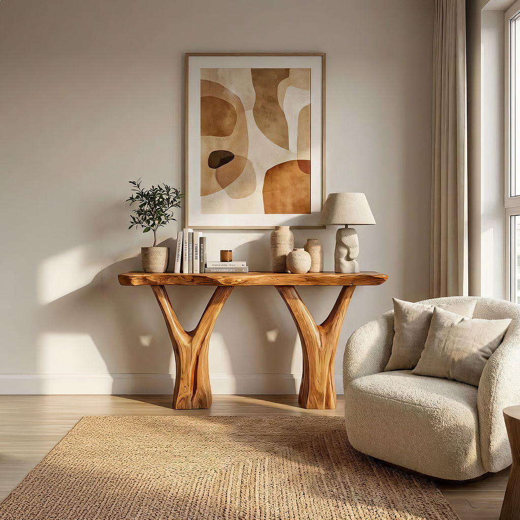 Live Edge Solid Wood Console with Tree-Inspired Base