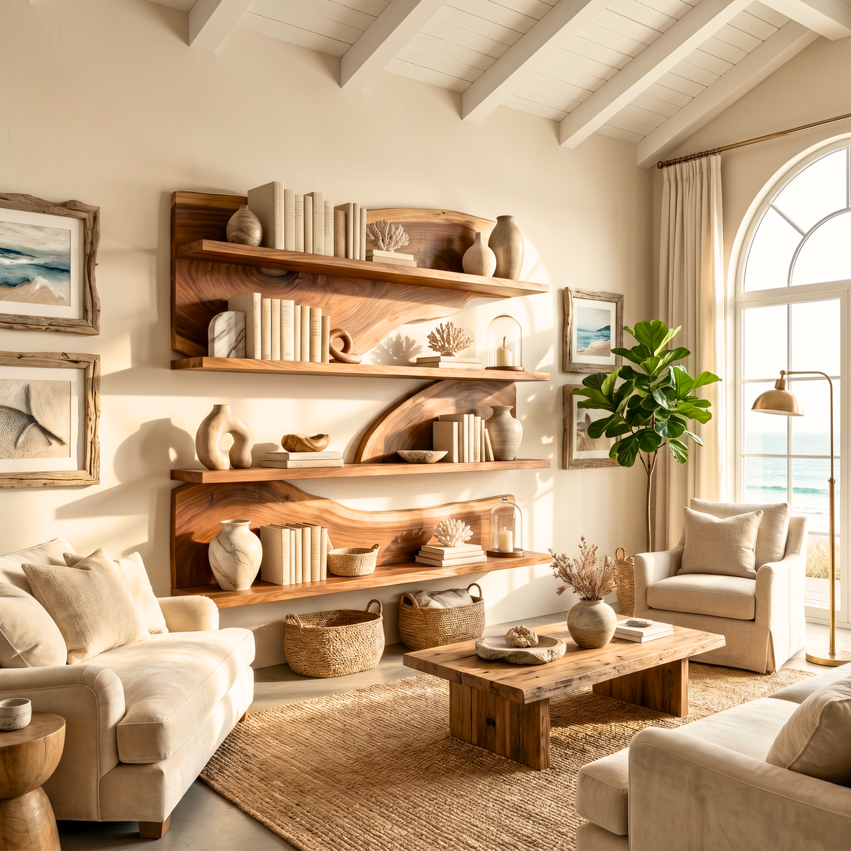 Modern Floating Wooden Shelves Sculptural Wall Mounted Shelf Set