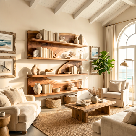 Modern Floating Wooden Shelves Sculptural Wall Mounted Shelf Set