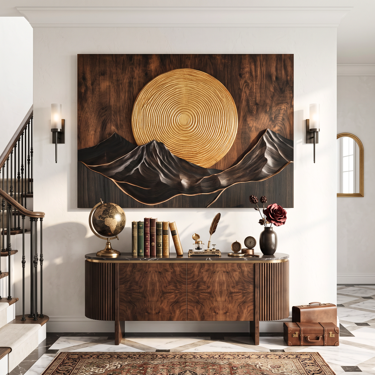 Wall Sculpture Mountain Sunset with Golden Sun and Layered Peaks
