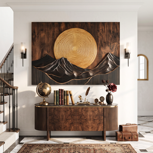 Wall Sculpture Mountain Sunset with Golden Sun and Layered Peaks