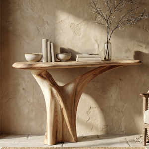 Organic Solid Wood Console Table with Sculpted Pedestal Base