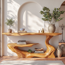 Handcrafted Solid Wood Console Table with Asymmetrical Tiered Shelves