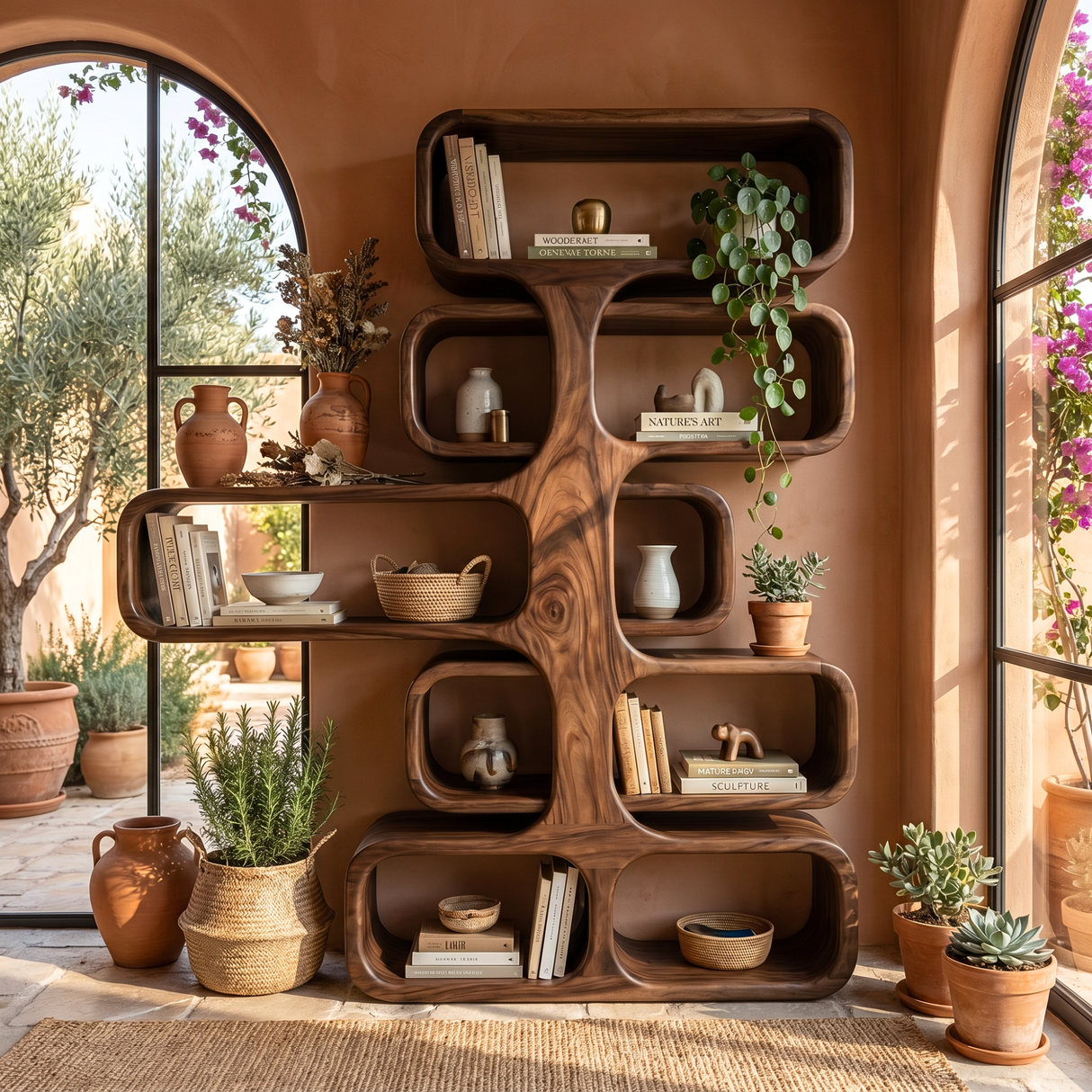 Organic Solid Wood Tree Bookshelf with Sculptural Open Shelves