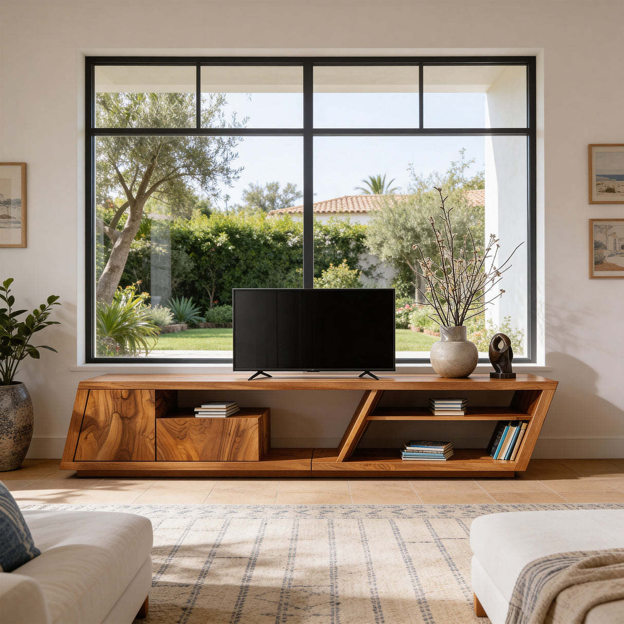 Angled Solid Wood Media Console in Organic Modern Style