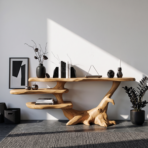 Handcrafted Solid Wood Console Table with Asymmetrical Shelves and Branching Base