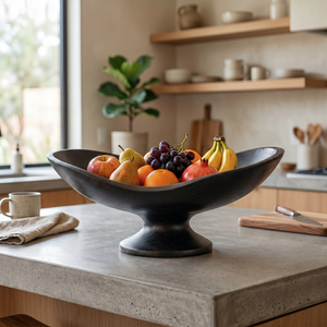 Solid Wood Boat-Shaped Fruit Bowl with Low Sculptural Pedestal Base