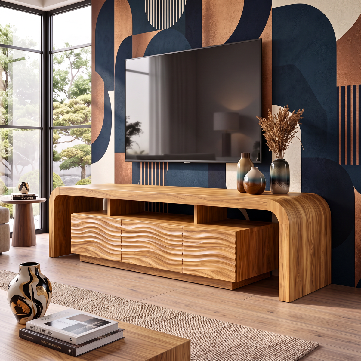 TV Stand with Waterfall Edge Frame and Sculpted Ripple Cabinet Doors