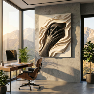 Handcrafted Solid Wood Face Wall Sculpture with Black Relief Hand and Flowing Layers