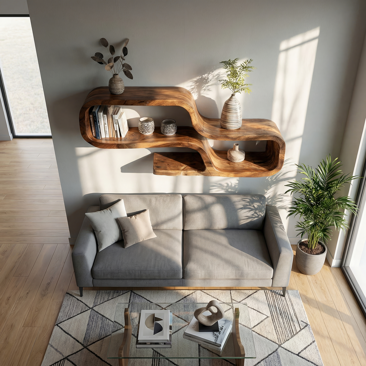 Organic Solid Wood Curved Floating Shelf for Living Room