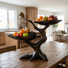 Solid Wood Two-Tier Fruit Bowl with Sculptural Tree Branch Base