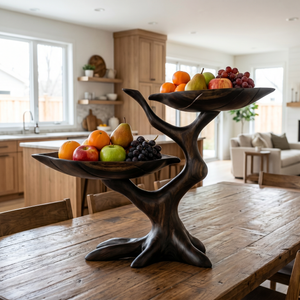 Solid Wood Two-Tier Fruit Bowl with Sculptural Tree Branch Base