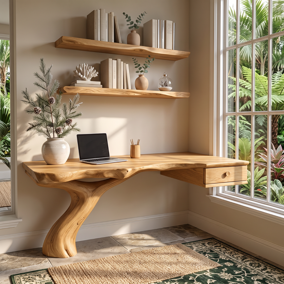 Live Edge Solid Wood Desk with Sculptural Curved Leg and Floating Drawer