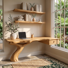 Live Edge Solid Wood Desk with Sculptural Curved Leg and Floating Drawer