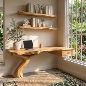 Live Edge Solid Wood Desk with Sculptural Curved Leg and Floating Drawer