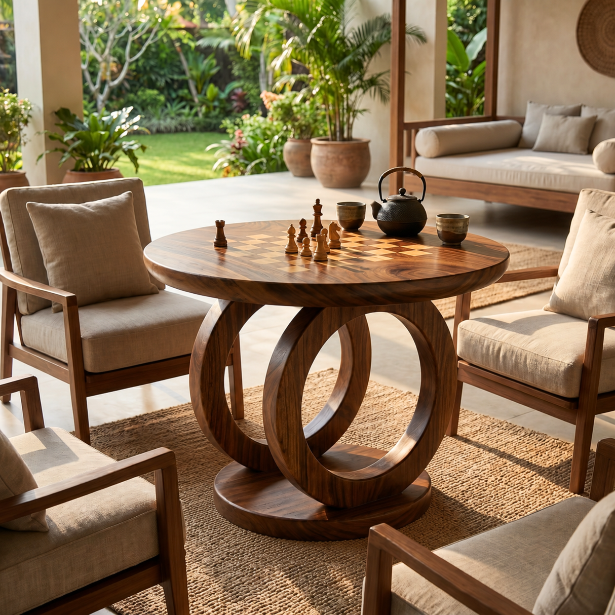 Handcrafted Solid Wood Round Chess Table with Sculptural Ring Pedestal