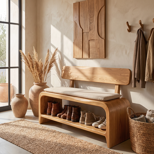 Shoe Bench Solid Wood with Backrest and Open Shoe Shelf for Entryway Storage