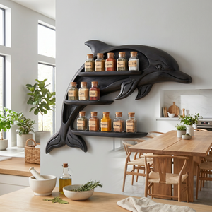 Sculptural Solid Wood Dolphin Spice Shelf with Staggered Wall Storage