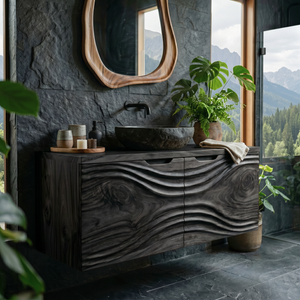 Hand Carved Solid Wood Bathroom Vanity with Flowing Organic Grain Design