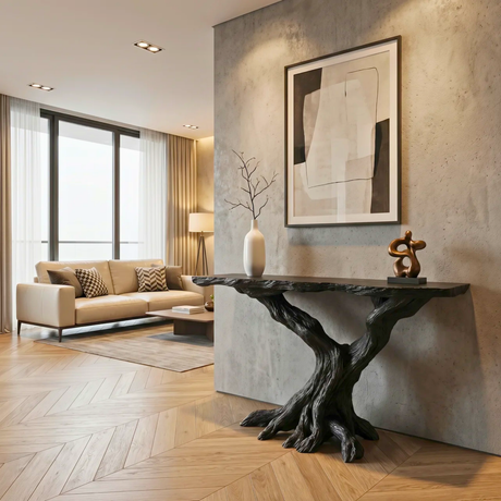 Sculptural Black Wood Console Table with Twisted Root Base