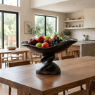 Raised Solid Wood Fruit Bowl with Sculptural Pedestal Base and Flowing Boat Shape