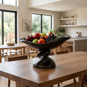 Raised Solid Wood Fruit Bowl with Sculptural Pedestal Base and Flowing Boat Shape