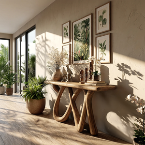 Wave Sculpted Solid Wood Console Table in Natural Oak Finish