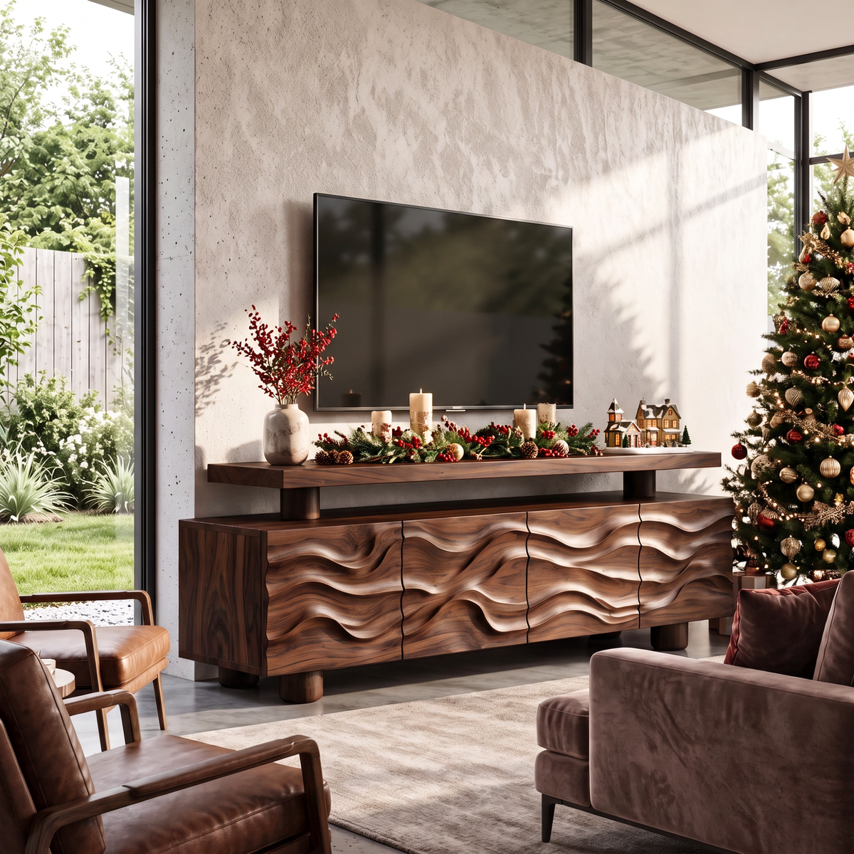 TV Stand with Raised Floating Top and Hand Carved Wave Cabinet Doors