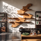 Flowing Wave Solid Wood Wall Wine Rack with Tiered Bottle and Glass Shelves