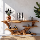 Sculptural Solid Wood Console Table with Tiered Shelves and Organic Root Base