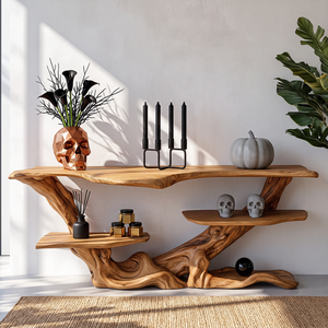 Sculptural Solid Wood Console Table with Tiered Shelves and Organic Root Base