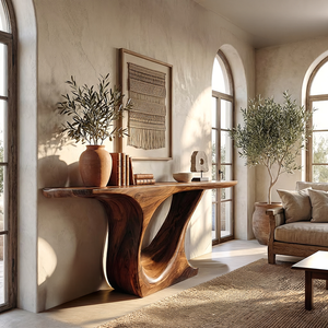 Organic Curve Solid Wood Console Table with Sculpted Pedestal Base