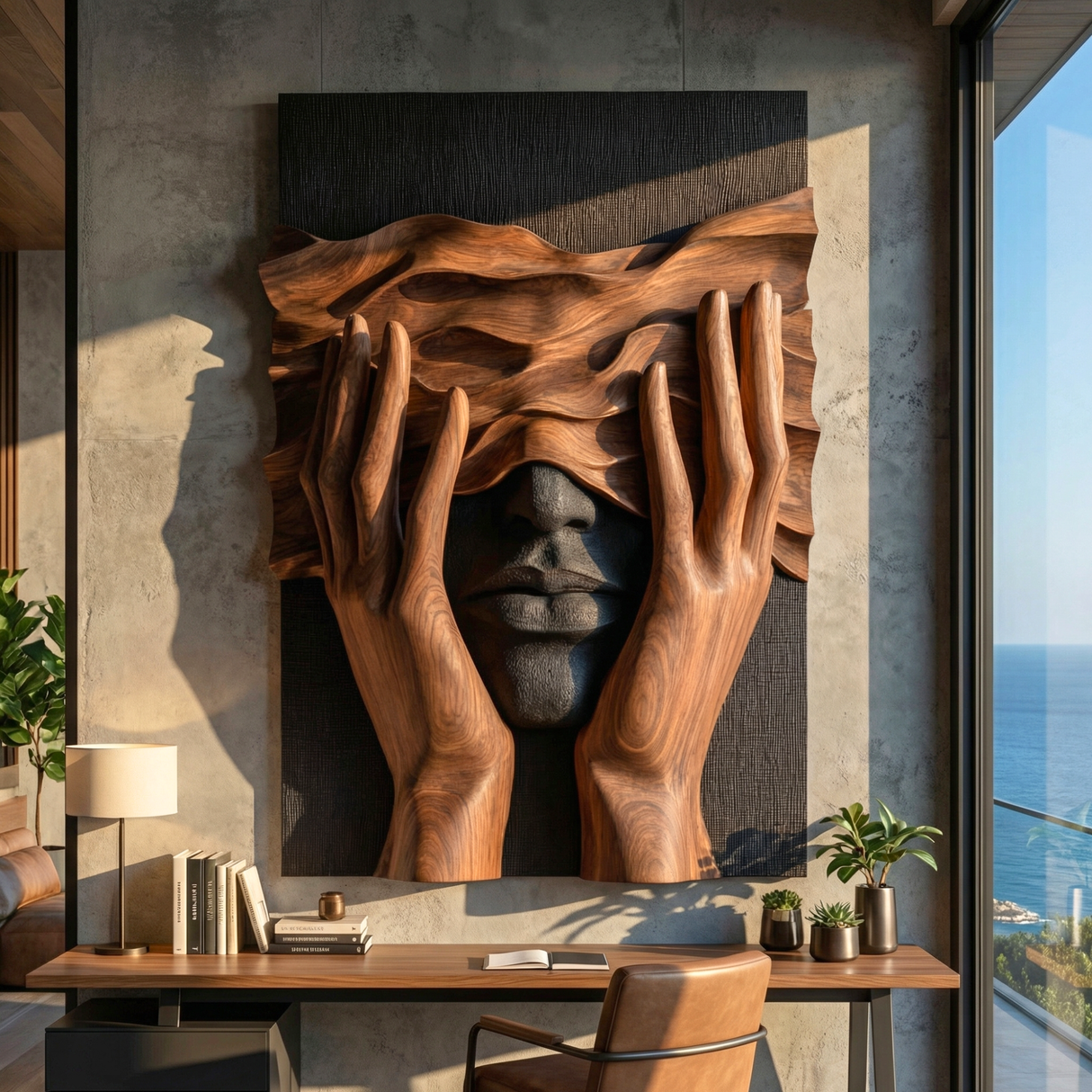 Handcrafted Solid Wood Wall Art Panel with Surreal Portrait and Sculptural Hands Relief