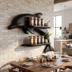 Solid Wood Dolphin Spice Rack with Double Shelf Wall Storage for Kitchen