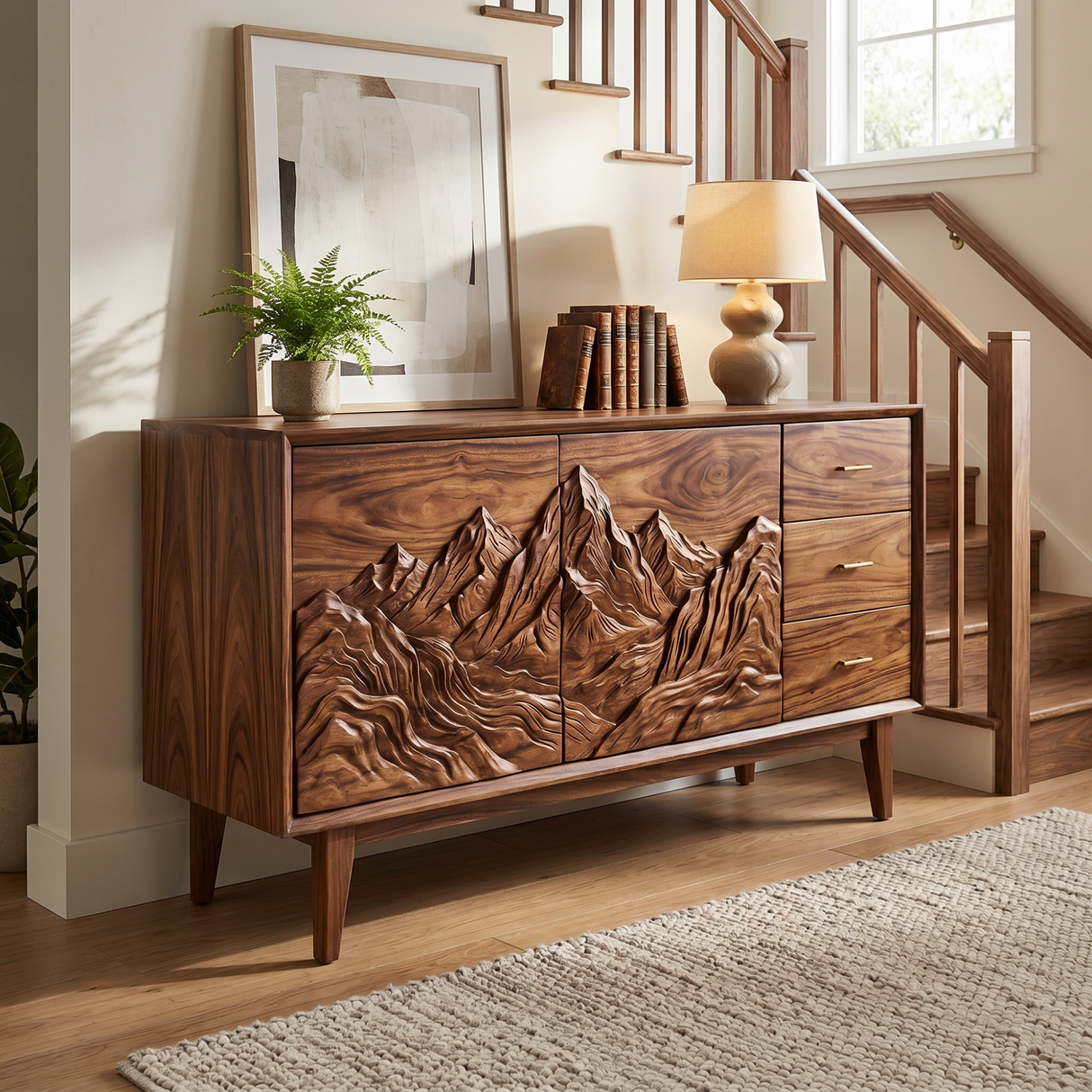 Handcrafted Solid Wood Mountain Carved Sideboard with Drawers and Cabinet Storage
