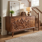 Handcrafted Solid Wood Mountain Carved Sideboard with Drawers and Cabinet Storage