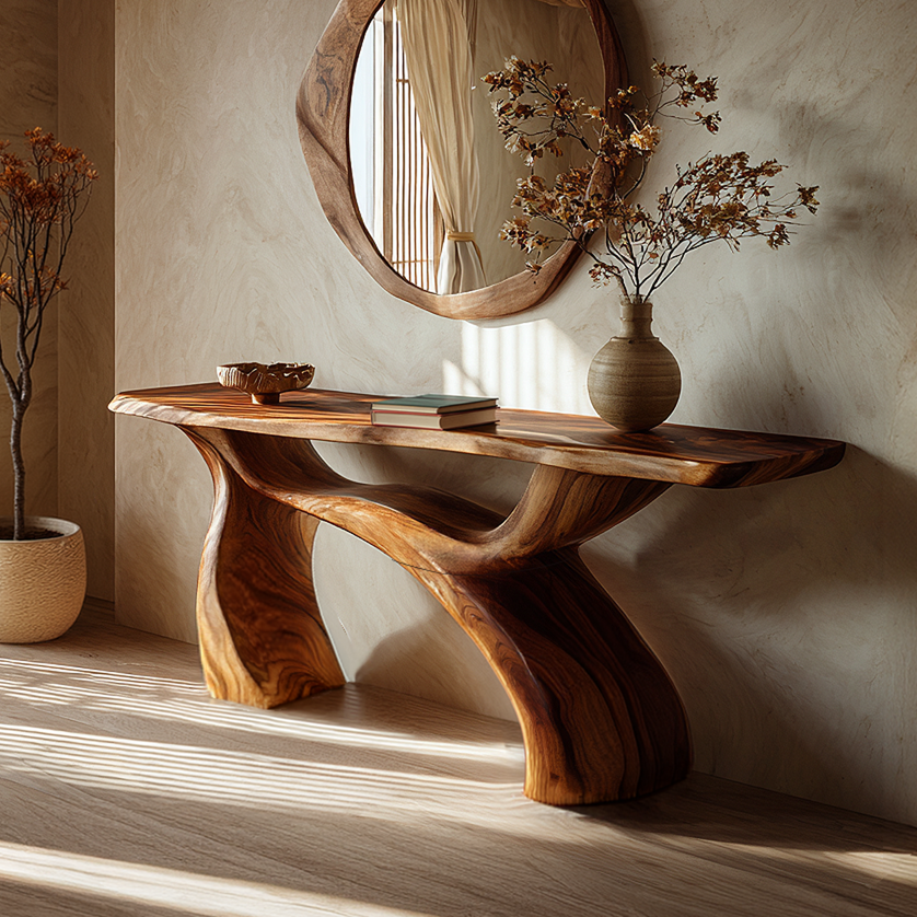Sculptural Solid Wood Console Table with Organic Curved Base