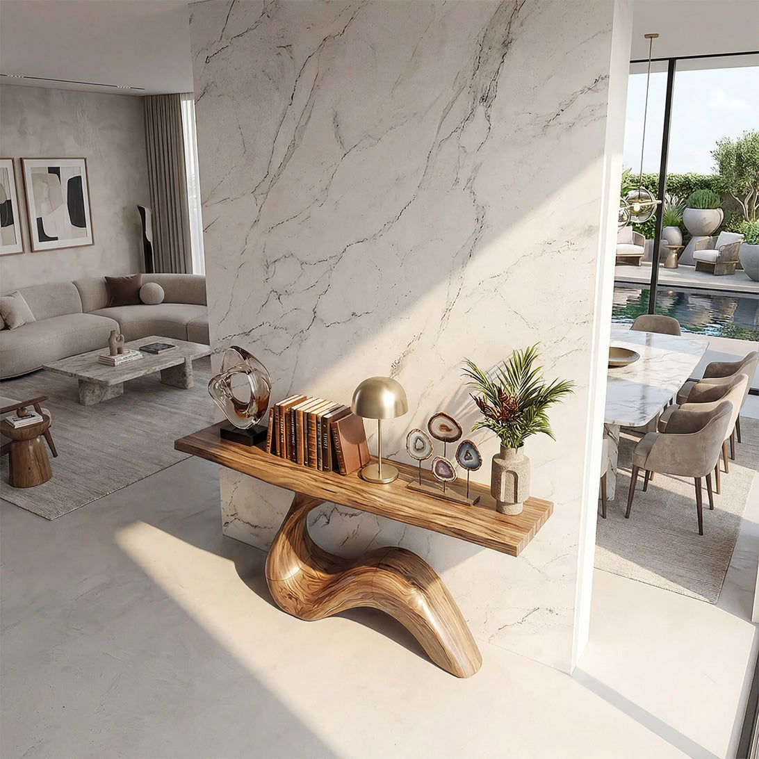 Handcrafted Solid Wood Wave Console Table with Sculpted Base