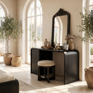 Rounded Solid Wood Vanity Table with Waterfall Side and Drawer Storage