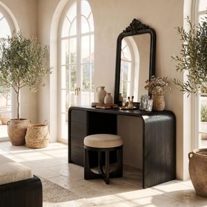 Rounded Solid Wood Vanity Table with Waterfall Side and Drawer Storage