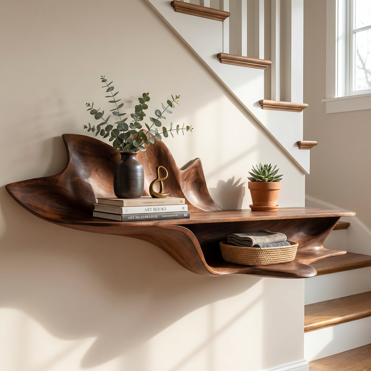 Handcrafted Solid Wood Petal Wall Shelf with Lower Display Ledge