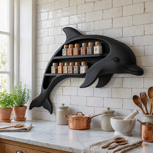 Handcrafted Dolphin-Shaped Wood Wall Spice Rack with Two Open Shelves for Kitchen