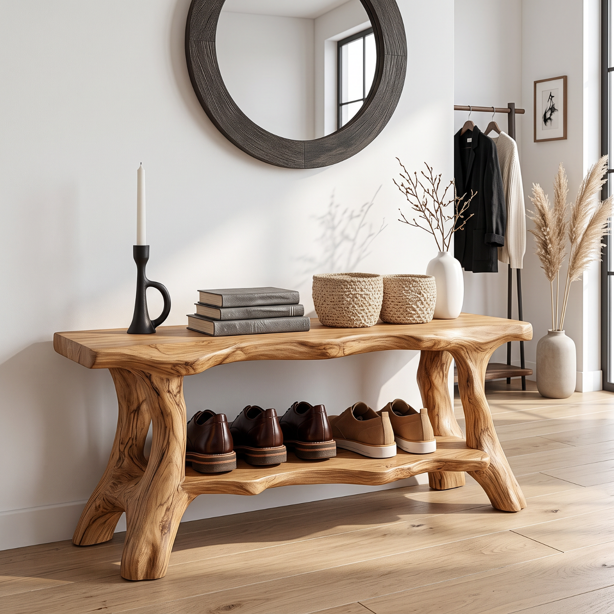 Organic Solid Wood Shoe Bench with Live Edge Seat and Open Storage Shelf