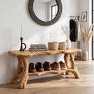 Organic Solid Wood Shoe Bench with Live Edge Seat and Open Storage Shelf