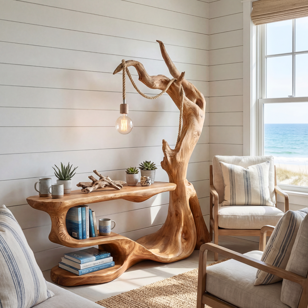 Sculptural Wood Reading Table with Integrated Hanging Lamp