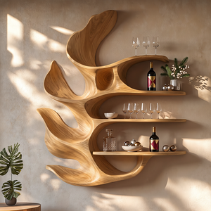 Carved Leaf Solid Wood Wall Wine Holder with Four Floating Display Shelves
