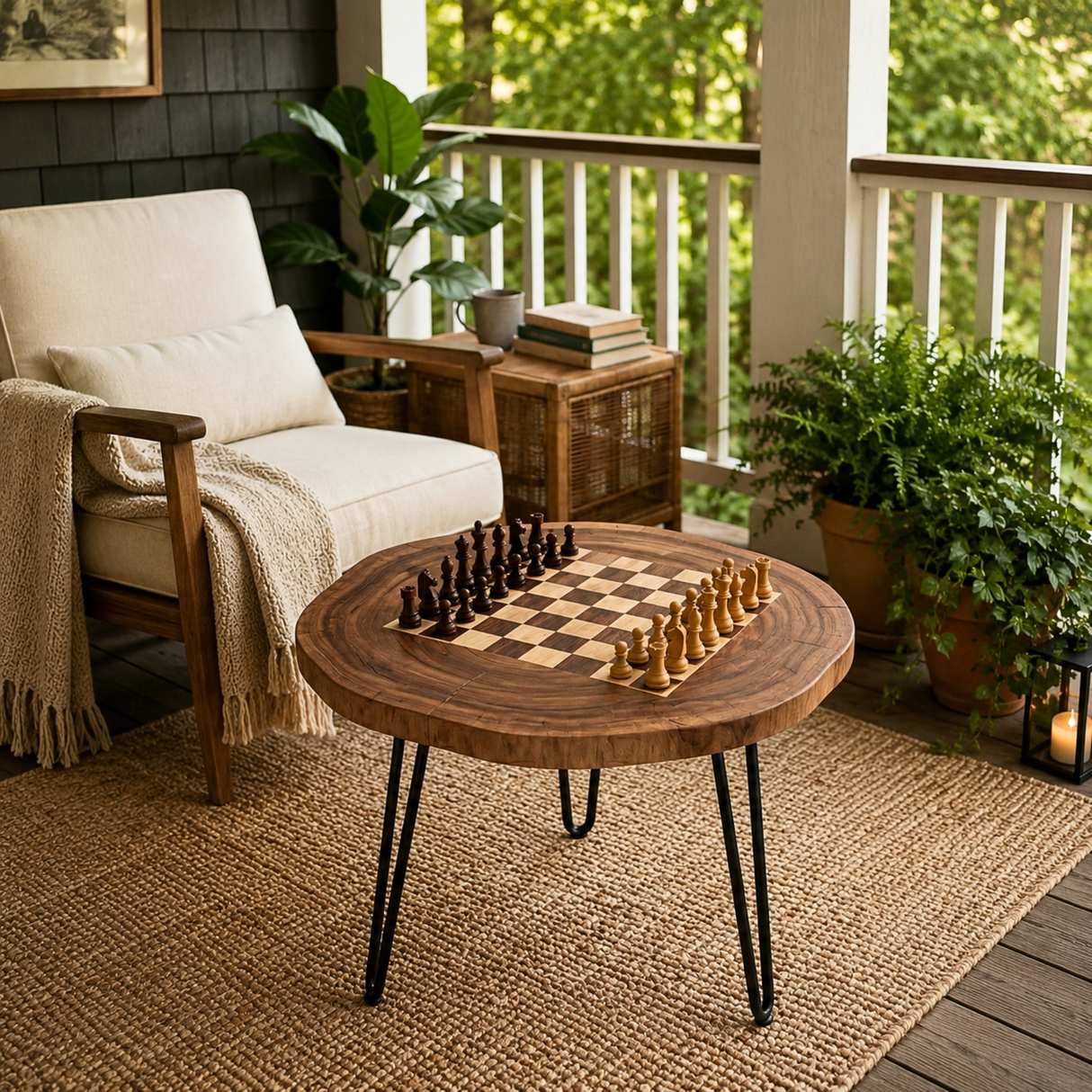 Handcrafted Solid Wood Chess Coffee Table with Organic Round Top and Hairpin Legs