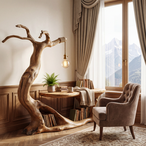 Sculptural Solid Wood Desk with Integrated Hanging Lamp and Open Shelf, Organic Writing Table, Artistic Reading Workspace
