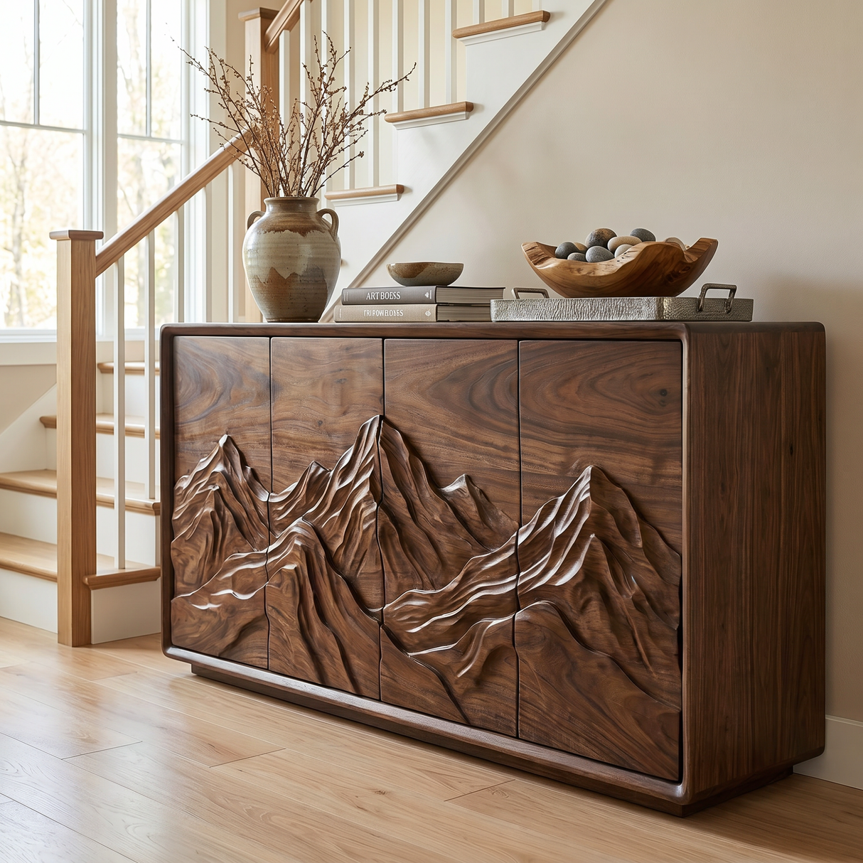 Natural Solid Wood Sideboard with Carved Mountain Landscape