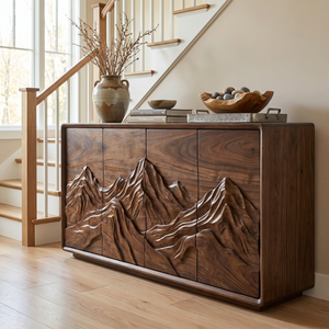 Natural Solid Wood Sideboard with Carved Mountain Landscape